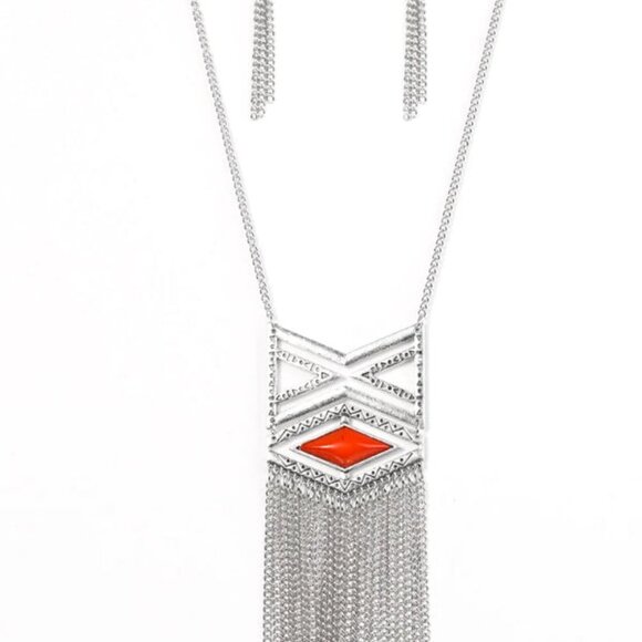 NWT Paparazzi Tribal By Fire Orange Long Chain Necklace and Earrings Set - Picture 1 of 11
